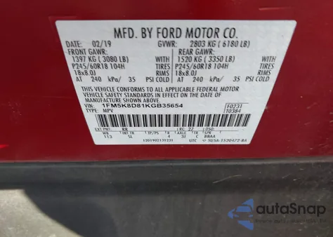 2019 Ford Explorer Xlt из США, поврежденный, VIN 1FM5K8D81KGB35654